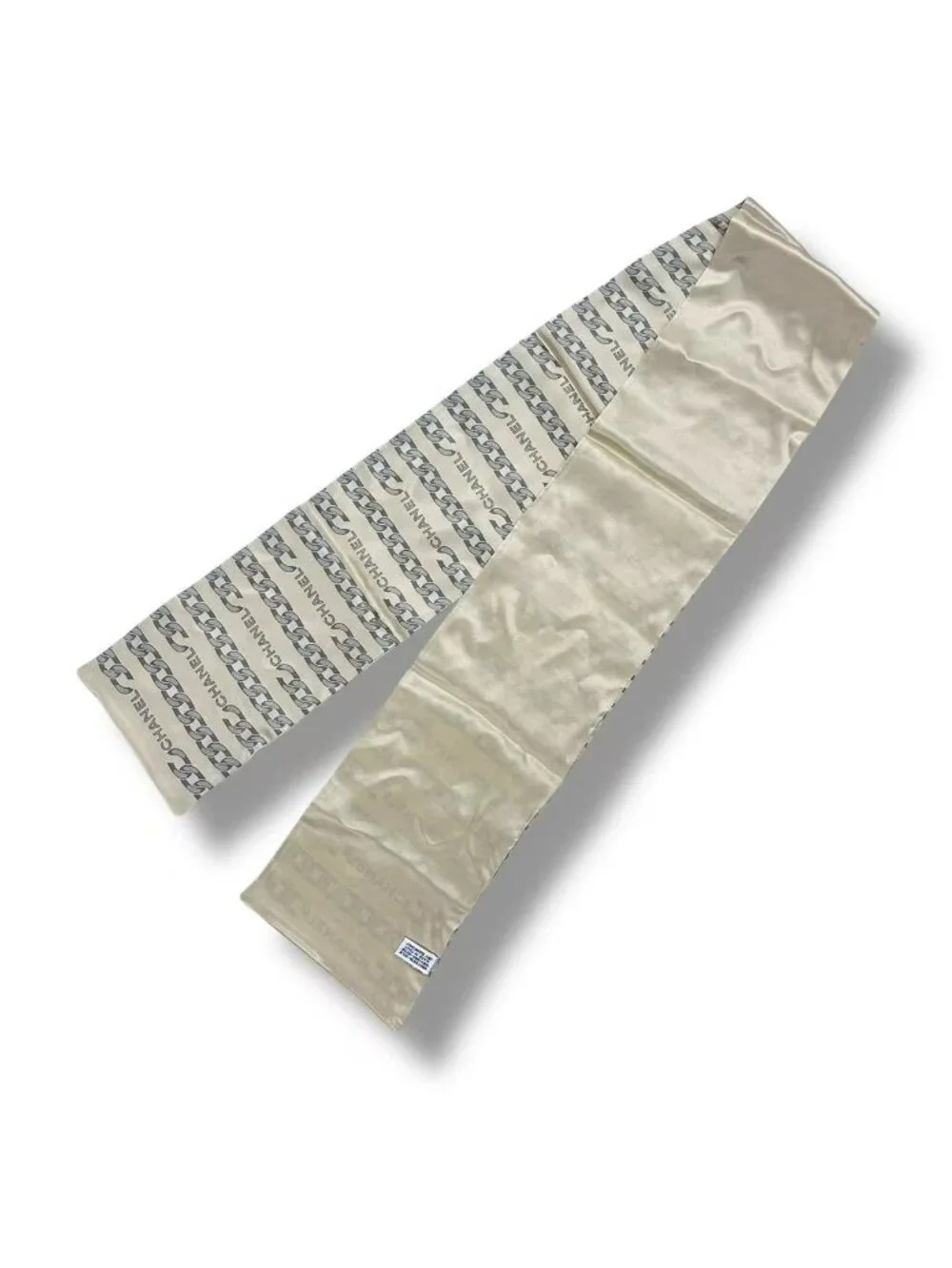 Chanel Vintage Shawl Silk Scarf Logo Chain Pattern Beige